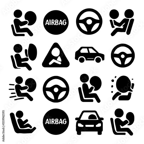 Airbag Safety Icons: Car Crash Protection, Steering Wheel, and Passenger Safety