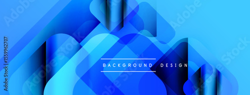 Abstract blue layers create dynamic flowing shapes. Modern design features gradients, curves, text overlay. Visually appealing background.