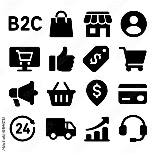 Black Icons Representing Online Shopping, Business, and Customer Service.