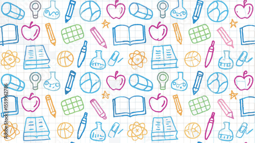 A repeating pattern of school supplies and science objects on a grid background is displayed here