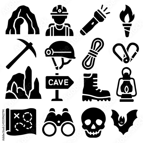 Black silhouette icons of cave exploration equipment and symbols