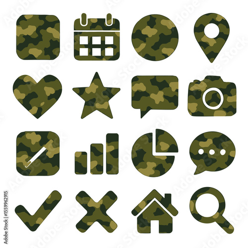 Camouflage-Patterned Icons Representing Various Digital Interface Elements.