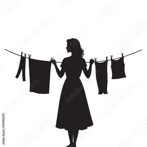 Black Silhouette Vector of Woman Hanging Clothes on Line in Daily Laundry Chore Scene on White Background Full HD