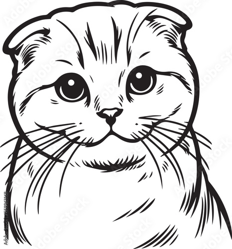 Scottish Fold Cat Vector in black and white
