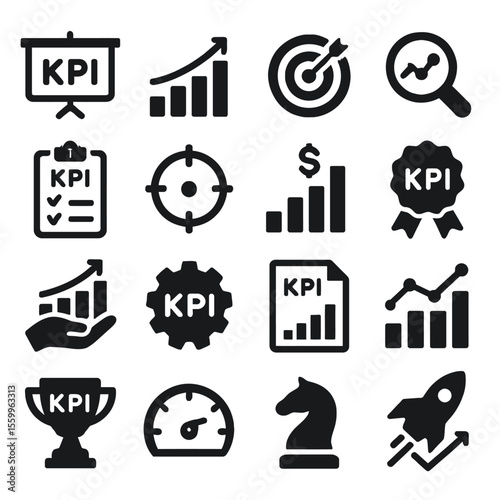 Collection of Black KPI Icons: Growth, Target, Analysis, and Achievement