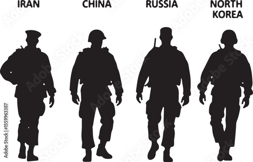 Rising Powers: Silhouettes of Soldiers from Iran, China, Russia, Korea