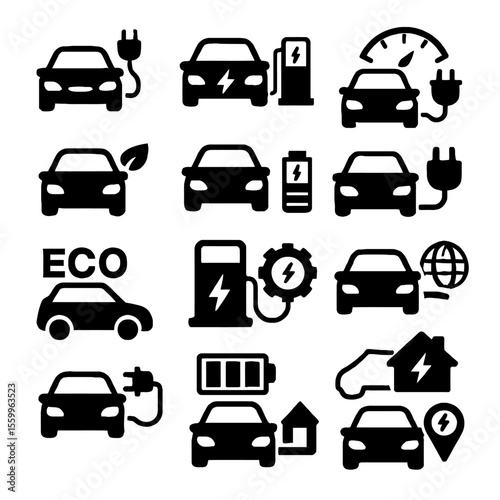 Collection of Electric Vehicle Icons: Charging, Battery, Eco-Friendly Features