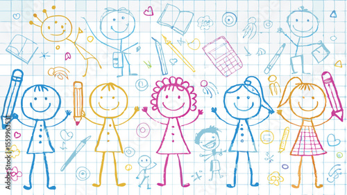 Colorful stick figures and school supplies on a graph paper background illustration design art