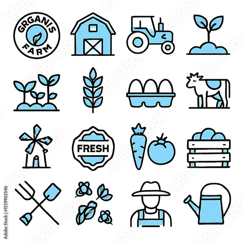 Collection of Farm Icons Depicting Agriculture, Fresh Produce, and Farming Life.