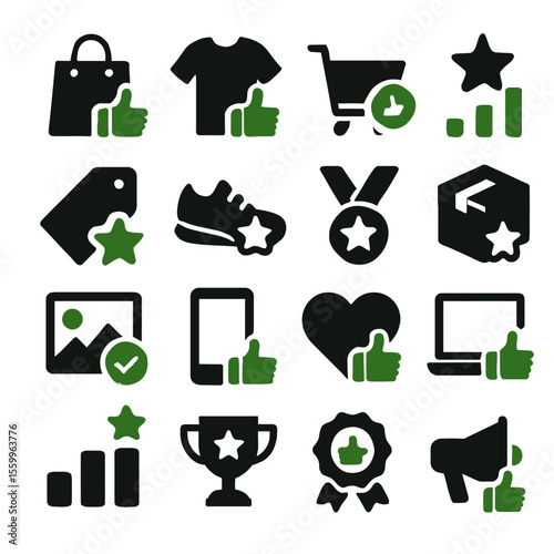 Collection of Green and Black Icons Representing Various Concepts and Symbols.