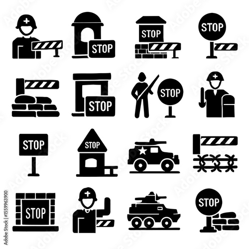 Collection of Military Checkpoint Icons with Stop Signs
