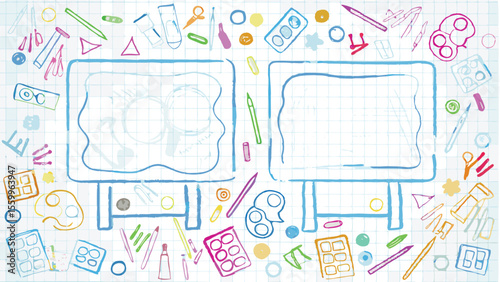 Illustration featuring two art easels surrounded by various art supplies on graph paper background