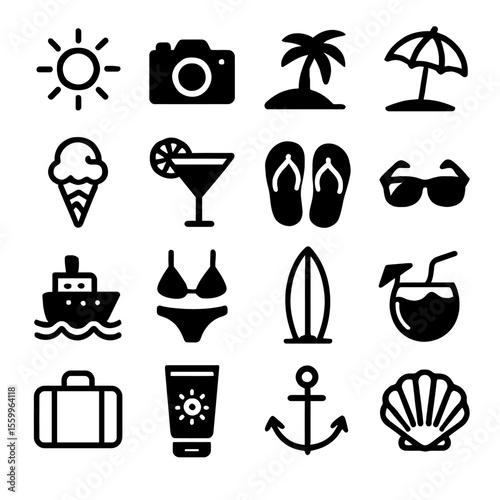 Collection of Simple Black and White Summer Vacation Icons