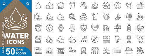 Water icons set. Collection of water drop, bottle, faucet, glass, rain, shower, filter, hydration, bathtub, umbrella, bucket, splash, swimming pool and more. Vector illustration