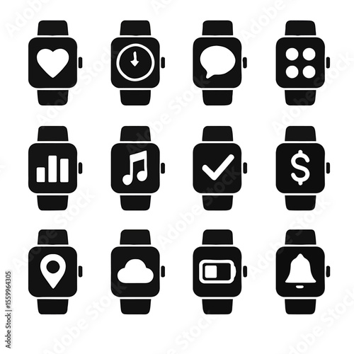 Collection of Smartwatch Icons with Various App Functions