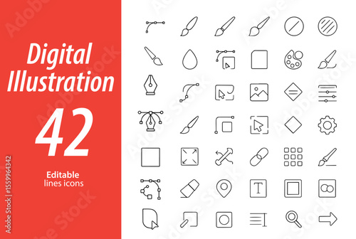 Digital Illustration Line Icons, Drawing Tablet, Stylus, Layers, Vector Tool, Color Picker, Artboard, and More , Editable Formats: AI, EPS, JPG, PNG , Ideal for Both Digital and Print Use