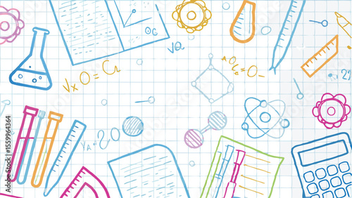 Illustration featuring science and math doodles on a grid paper background design layout style art