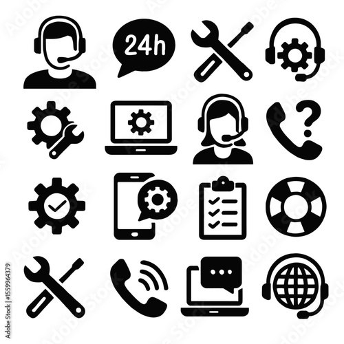 Collection of Support Icons Representing Customer Service and Technical Assistance.