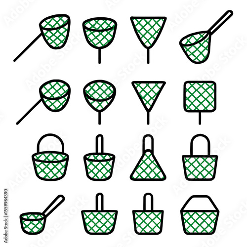 Collection of stylized fishing nets and baskets with green netting and black outlines