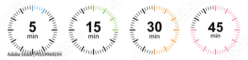 Countdown Timer and Stopwatch Icon Set – Interval Time Tracker from 5 to 60 Minutes in Red and Black Vector Style, vector illustration.