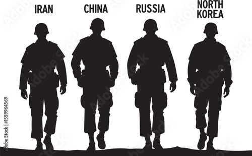 Rising Powers: Silhouettes of Soldiers from Iran, China, Russia, Korea