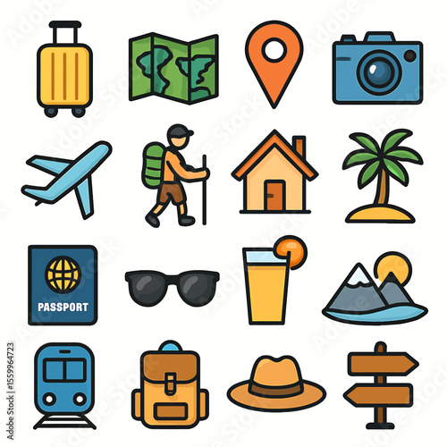 Colorful Travel Icons: Airplane, Backpack, Passport, and More