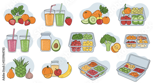 Colorful Variety of Healthy Fruits and Vegetables in Divided Containers and Glasses