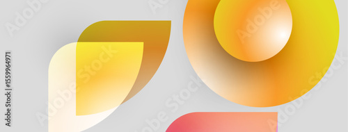 Abstract shapes overlap, creating warm color gradients. Yellows, oranges, reds blend against gray background. Modern design elements present.