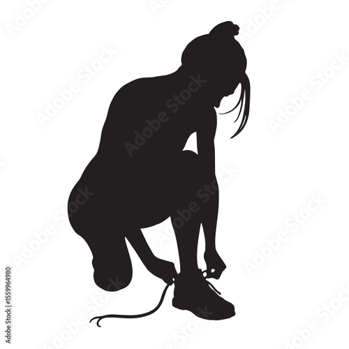Black Silhouette Vector of Woman Tying Shoelaces Before Jogging in Fitness Preparation Scene on White Background Full HD