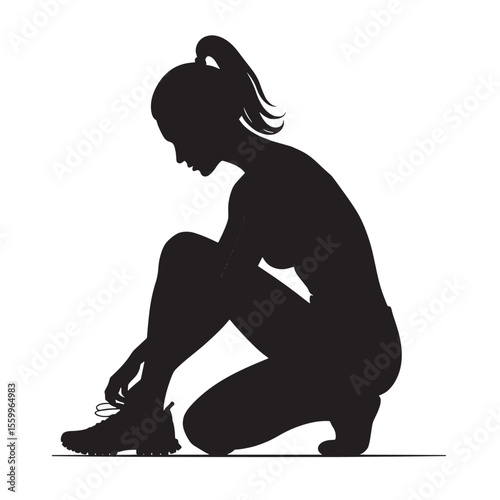 Black Silhouette Vector of Woman Tying Shoelaces Before Jogging in Fitness Preparation Scene on White Background Full HD