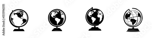 Various globe silhouette pictograms representing different perspectives and orientations of Earth in a simple, minimalist style