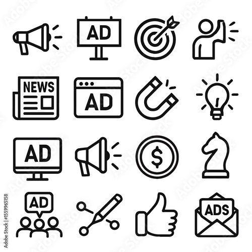Diverse Advertising Icons Depicting Marketing, Promotion, and Business Strategies.