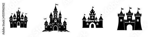 Offering a set of four silhouette pictograms of castles, each with distinct shapes and features