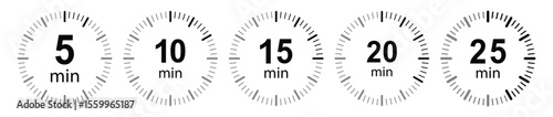 Countdown Timer and Stopwatch Icon Set – Interval Time Tracker from 5 to 60 Minutes in Red and Black Vector Style, vector illustration.