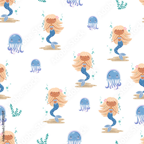 Vector seamless pattern with cute mermaids and jellyfish. Suitable for childrens textile, paper, apparel and nursery design