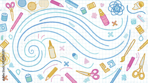 Illustration of various art and craft supplies scattered on a grid paper background design style
