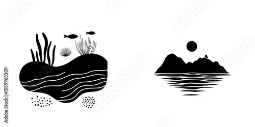 Silhouette pictograms of underwater landscape and tranquil island scene featuring aquatic life and calm waters