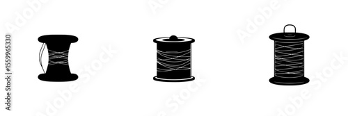 Silhouette pictogram icons set featuring spools of thread in various styles for crafting and sewing activities