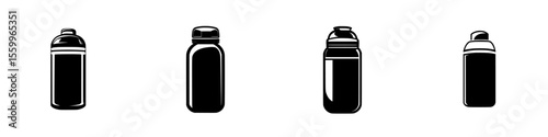 Silhouette pictogram of various water bottles showcasing diverse designs and styles suitable for outdoor activities and fitness