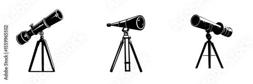 Vector icons set of silhouette pictograms depicting various telescopes on tripods for science and observation