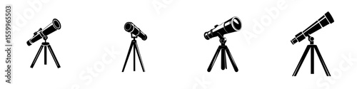 Silhouette pictograms representing telescopes on tripods for astronomy and stargazing purposes