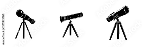 Silhouette pictogram set of telescopes on stands for astronomy and stargazing activities
