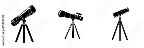 Silhouette pictogram set featuring three different telescope designs on tripods for various observational activities