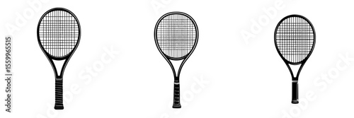 Silhouette pictogram icons set featuring different views of tennis rackets