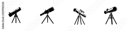 Silhouette pictograms of telescopes in various designs showcasing outdoor astronomy equipment