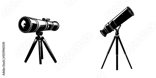 Silhouette pictograms of telescopes on tripods illustrating astronomy tools for stargazing and exploration