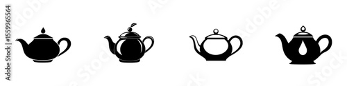 Silhouette pictogram of four diverse teapots showcasing varied shapes and designs for culinary and decorative purposes