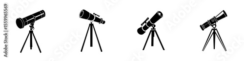 Silhouette pictogram set of telescopes on tripod showcasing various designs for astronomy activities