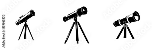 Silhouette pictograms of telescope designs isolated on a white background for educational and recreational use