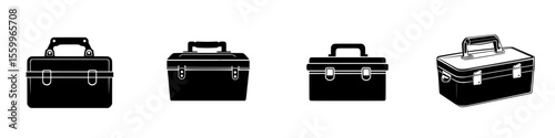 Collection of silhouette pictograms featuring different styles of toolboxes, perfect for design and illustration projects